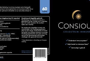 Colostrum Immune supplement label van Consiouz met colostrum ter ondersteuning van immuunsysteem en natuurlijke weerstand.